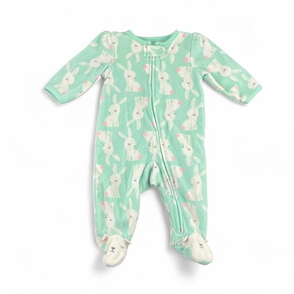green and white fleece bunny sleeper with zipper & footies size 0-3 months - Picture 1 of 3